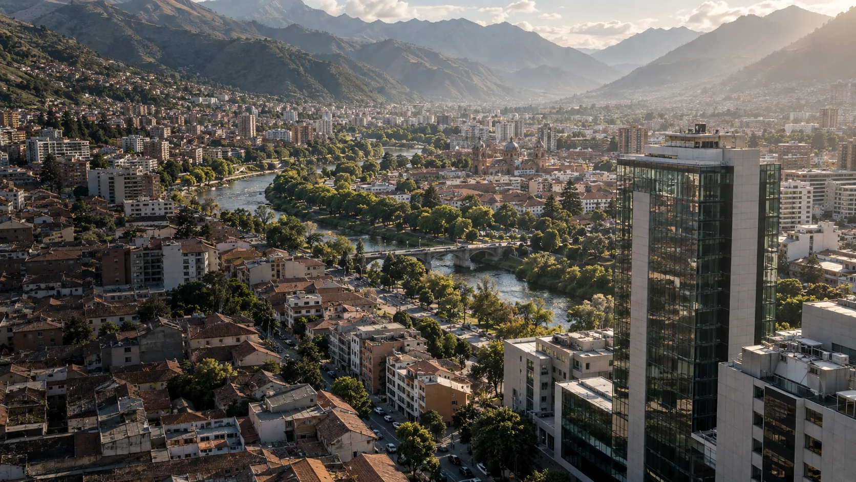 Ciudad junto a un río, con puente y edificio de oficinas. Escena conceptual.