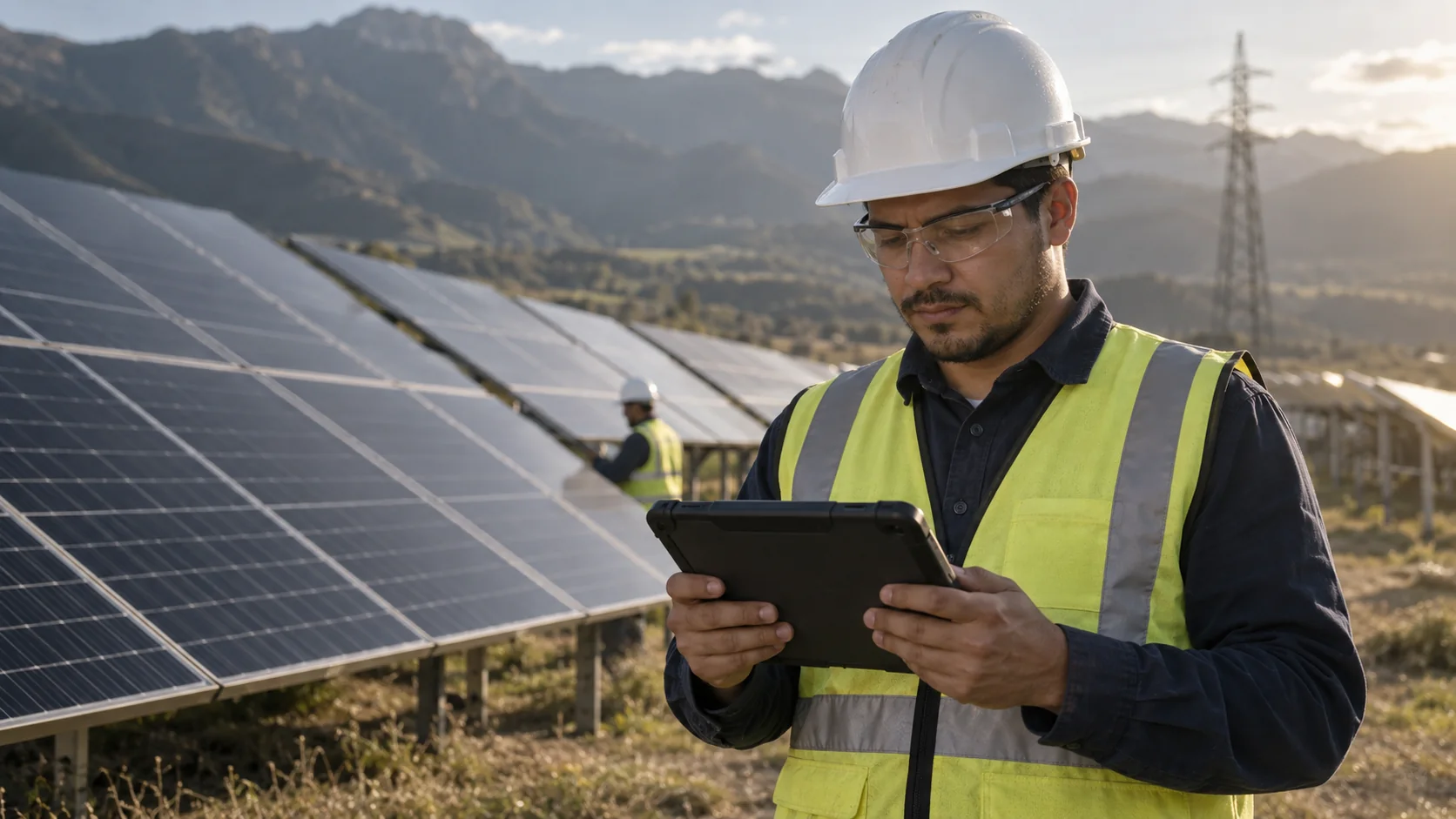 Ingeniero ficticio con casco y tablet. Persona generada con IA.