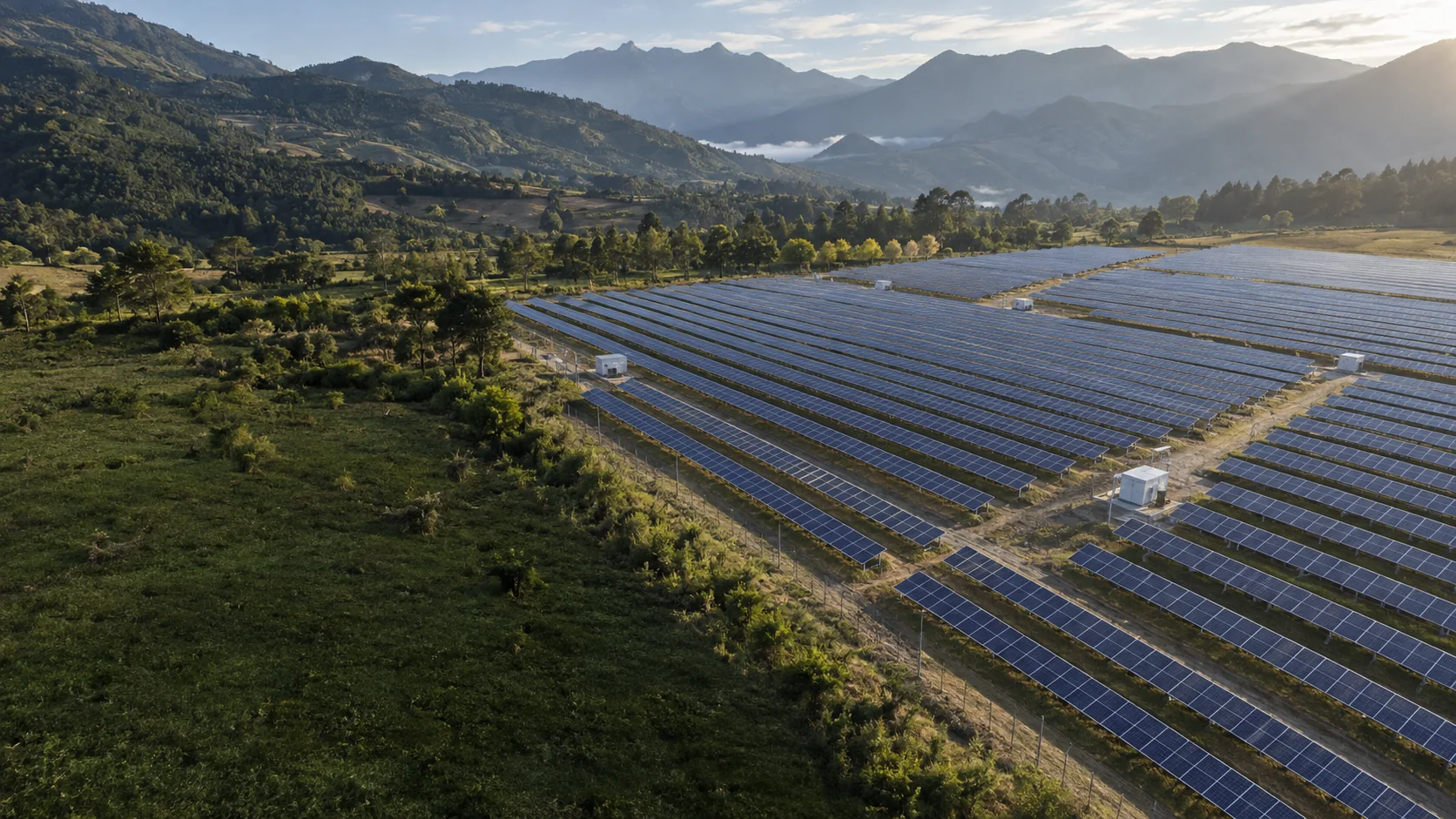 Parque de paneles fotovoltaicos. Escena conceptual.