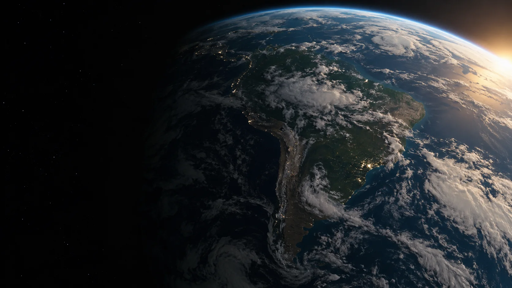 La Tierra, su atmósfera y las luces de las ciudades. Escena conceptual.
